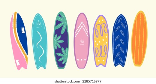 Juego de tablas de surf, Surfing Sport, Surf Boards by Ocean Waves. Actividad de verano, estilo de vida. Ilustración del vector de dibujos animados.