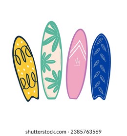 Set of surf boards, Surfing Sport, Surf Boards by Ocean Waves. Summer Activity, Lifestyle. Cartoon Vector Illustration.