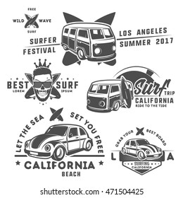 Set of surf car and surfer bus for emblems ,logo and prints and tattoo