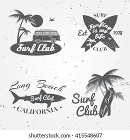 Set of Surf club concept Vector Summer surfing retro badge. Surfer club emblem , rv outdoors banner, vintage background. Boards, retro car, palms and shark. Surf icon design. 