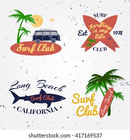 Set of Surf club concept Vector Summer surfing retro badge. Surfer club emblem , rv outdoors banner, vintage background. Boards, retro car, palms and shark. Surf icon design. 