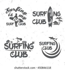 Set of Surf club concept Vector Summer surfing retro badge. Surfer club emblem , outdoors banner, vintage background. Boards, palms and shark. Surf icon design.