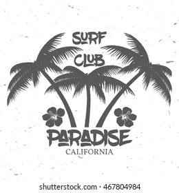 Set of Surf club concept Vector Summer surfing retro badge. Surfer club emblem , outdoors banner, vintage background. Boards, palms and shark. Surf icon design.