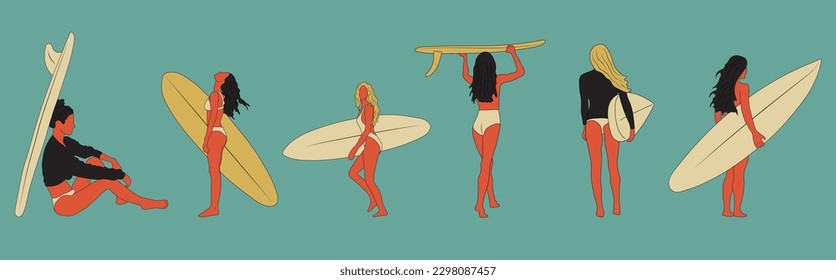Conjunto de ilustraciones vectoriales minimalistas para niñas Surf. Arte digital de estilo plano. Joven con tabla de surf en pleno crecimiento	