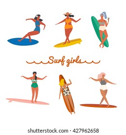 Set of surf girls with surfboard riding a wave. Beach summer travel lifestyle poster in retro style. 