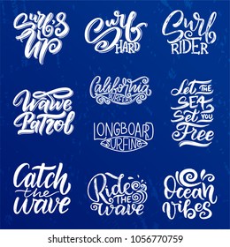 Set of Surf lettering quotes for posters, prints, cards. Surfing related textile design. Vector vintage illustration.