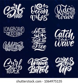 Set of Surf lettering quotes for posters, prints, cards. Surfing related textile design. Vector vintage illustration.