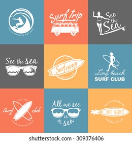 Set of Surf logo and emblem. Surf summer t-shirt design. Surfing, swimming, beach life style.