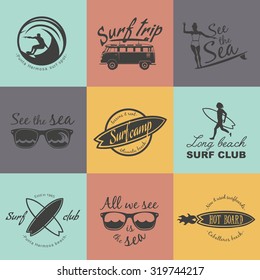 Set of Surf logo and emblem. Surf summer t-shirt design. Surfing, swimming, beach life style.