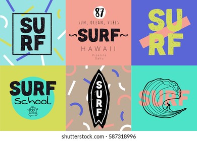 Set of surf posters. Hand drawn summer holidays vector illustration. Fashion print, T-shirt, greeting card,  vacation posters and banner design.  