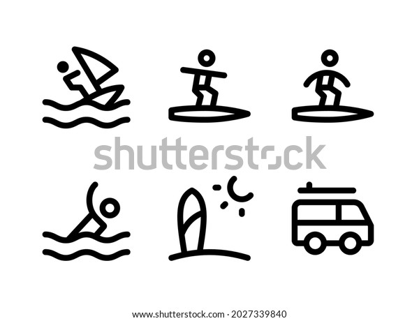Set of Surf Related\
Vector Line Icons. Contains Icons as Windsurfer, Surfing, Swim,\
Surfboard and more.
