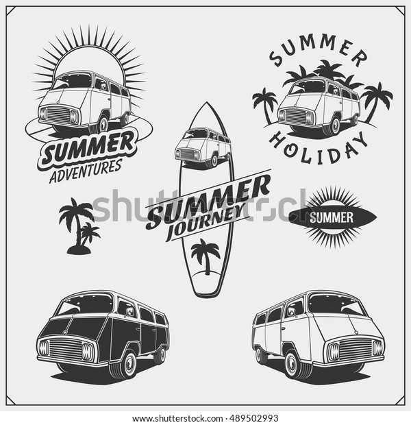 Set of surf van labels, badges and\
design elements. Travel retro bus. Summer\
vacation.