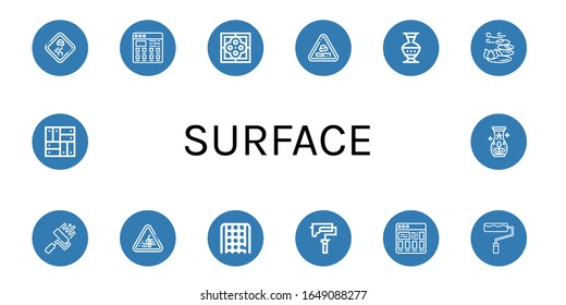 Set of surface icons. Such as Slippery road, Tiles, Tile, Pothole, Pottery, Stones, Paint roller, Loose gravel, Rope ladder, Parquet , surface icons