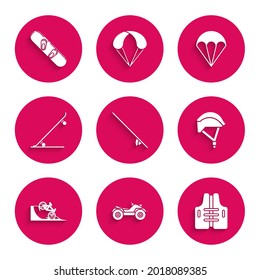 Set Surfboard, All Terrain Vehicle or ATV motorcycle, Life jacket, Bicycle helmet, on street ramp, Skateboard, Parachute and Snowboard icon. Vector