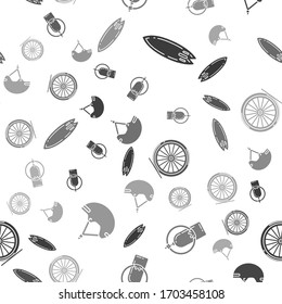 Set Surfboard, Aqualung, Bicycle wheel and Helmet on seamless pattern. Vector