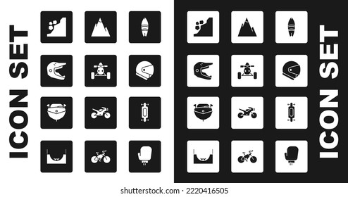 Set Surfboard, ATV motorcycle, Motocross helmet, Landslide, Helmet, Mountains, Longboard skateboard and Speedboat icon. Vector
