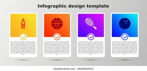 Set Surfboard, Basketball ball, Tennis racket and Bowling. Business infographic template. Vector