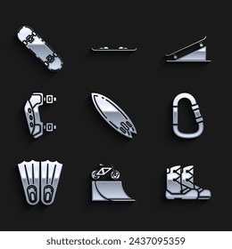 Set Surfboard, Bicycle on street ramp, Boots, Carabiner, Rubber flippers for swimming, Knee pads, Skateboard and trick icon. Vector