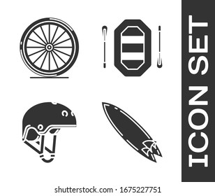 Set Surfboard, Bicycle wheel, Helmet and Rafting boat icon. Vector