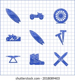 Set Surfboard, Boots,  and sticks, Pegs for tents, Hang glider, Bicycle on street ramp, wheel and  icon. Vector