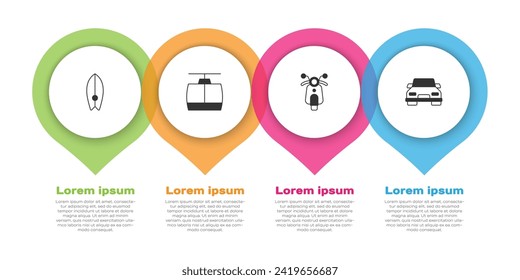 Set Surfboard, Cable car, Scooter and Car. Business infographic template. Vector