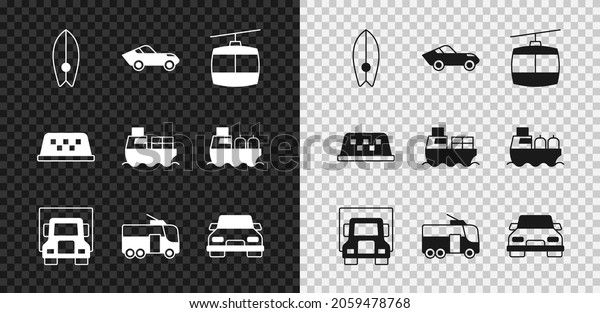 Set\
Surfboard, Car, Cable car, Delivery cargo truck, Trolleybus, Taxi\
roof and Cargo ship with boxes delivery icon.\
Vector