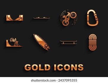 Set Surfboard, Carabiner, Climber rope, Skateboard, Bicycle on street ramp, trick, park and Snowboard icon. Vector