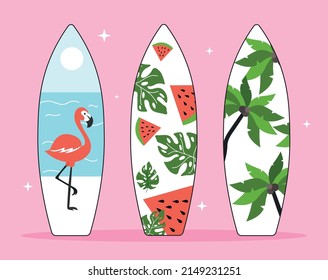 Juego de tablas de surf. Colección de inventario para deportes activos y extremos. Turismo, vacaciones y recreación en países tropicales. Ilustraciones del vector plano de dibujos animados aisladas en fondo rosa