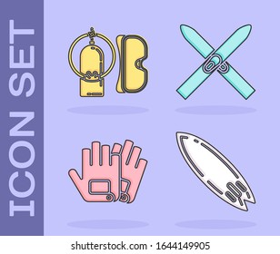 Set Surfboard, Diving mask and aqualung, Gloves and Ski and sticks icon. Vector