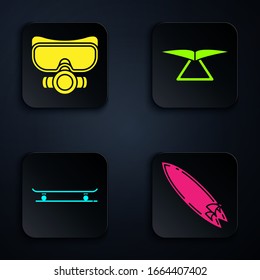 Set Surfboard, Diving mask, Skateboard and Hang glider. Black square button. Vector