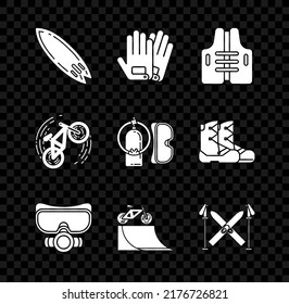 Set Surfboard, Gloves, Life jacket, Diving mask, Bicycle on street ramp, Ski and sticks, trick and aqualung icon. Vector