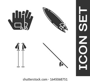 Set Surfboard, Gloves, Ski poles and Surfboard icon. Vector