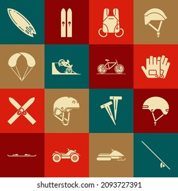 Set Surfboard, Helmet, Gloves, Parachute, Bicycle on street ramp,  and  icon. Vector