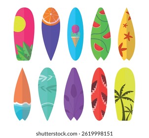 Set of surfboard icons on white background. Water equipment. Hobbies and recreation.