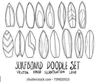 Set Of Surfboard Illustration Hand Drawn Doodle Sketch Line Vector
