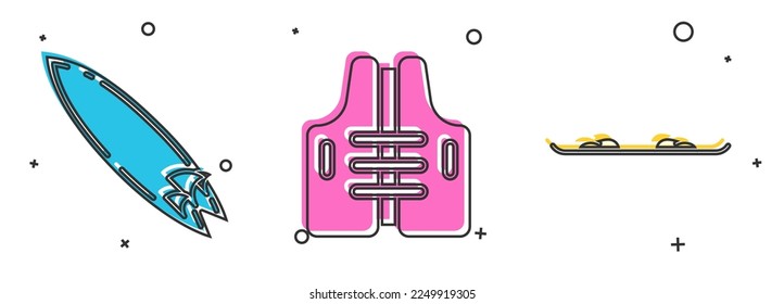 Set Surfboard, Life jacket and Snowboard icon. Vector