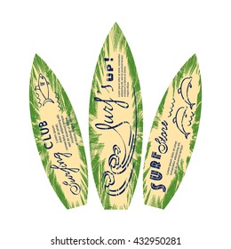 Set of surfboard logos for flyers, leaflets, signs on palm leaves texture with attrition effect. The perfect emblem for surf store or shop, surfing club or party. Vector illustration eps10