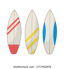 Set of surfboard on white background. Sea extreme sport. Wood surf board Summer Surfing trendy flat style for graphic design, web-site. Vector illustration.