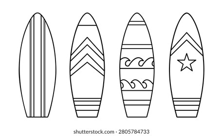 Set of Surfboard Outline Coloring Page Template Vector Isolated.
Surfboard Black Line Art Design for Kids Summer Activity Book.
Simple Tropical Surf Board Outline Clipart Graphic Element.