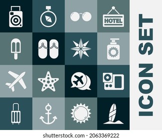 Set Surfboard, Photo camera, Sunscreen spray bottle, Glasses, Flip flops, Ice cream,  and Wind rose icon. Vector