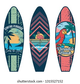 Set surfboard print design for surfing ride or decor. Sport vacation on ocean sea holiday vintage hipster old school cartoon illustration extreme sport on big wave California Hawaii Malibu Long Beach.