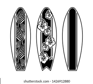 Set surfboard print design for surfing ride or decor. Sport vacation on ocean sea holiday vintage hipster old school cartoon illustration extreme sport on big wave California Hawaii Malibu Long Beach.