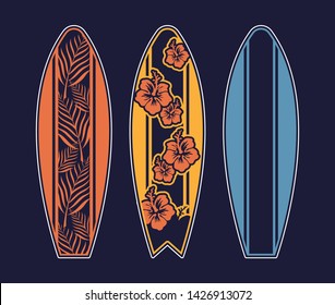 Set surfboard print design for surfing ride or decor. Sport vacation on ocean sea holiday vintage hipster old school cartoon illustration extreme sport on big wave California Hawaii Malibu Long Beach.