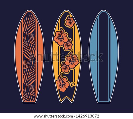 Set surfboard print design for surfing ride or decor. Sport vacation on ocean sea holiday vintage hipster old school cartoon illustration extreme sport on big wave California Hawaii Malibu Long Beach.