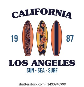 Set surfboard print t-shirt design for surfing ride. Sport vacation on ocean sea holiday vintage hipster old school cartoon illustration extreme sport on big wave California Hawaii Malibu Long Beach. 