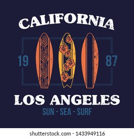 Set surfboard print t-shirt design for surfing ride. Sport vacation on ocean sea holiday vintage hipster old school cartoon illustration extreme sport on big wave California Hawaii Malibu Long Beach. 