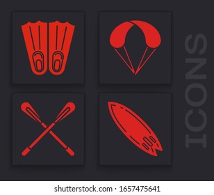 Set Surfboard, Rubber flippers for swimming, Parachute and Crossed paddle icon. Vector