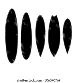 Set of surfboard silhouettes in scale,