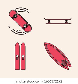 Coloque el icono de Surfboard, Skateboard, Skateboard y Ski y palos. Vector