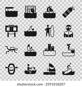 Set Surfboard, Swimmer diving into pool, Wetsuit for scuba, Yacht sailboat, Sport mechanical scoreboard, Diving springboard and  icon. Vector